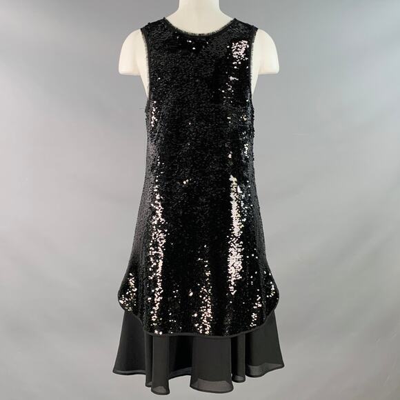 EMPORIO ARMANI Size 2 Black Polyester Blend Sequined V-Neck Layered Tank Dress - Picture 3 of 5